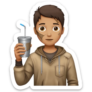 Create an emoji that shows a person wearing torn clothes with visible dirt marks and an empty cup. sticker
