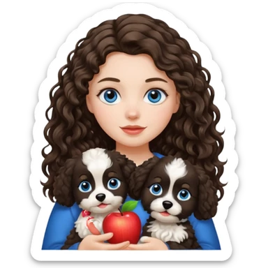 Baltic white girl with brunette wavy hair and blue eyes, holding her black and white fluffy dog, apple emoji style sticker