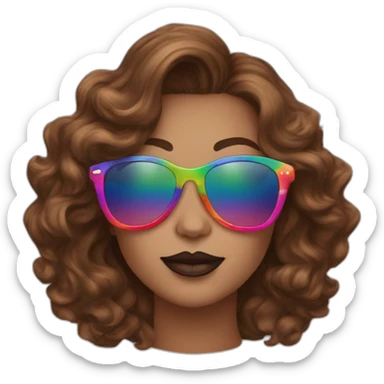 gay pride sunglasses on female head with wavy brown hair and rainbow lipstick sticker