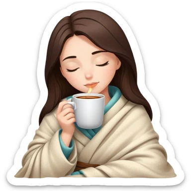 Brunette girl wrapped in cozy blanket sipping hot coffee with eyes closed sticker