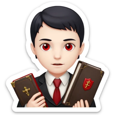 {
      "type": "human",
      "look": "young vampire student, tidy uniform, tie, red eyes, holding book",
      "description": "a young vampire student with red eyes wearing a neat uniform and holding a book"
    } sticker