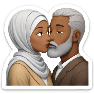 A black woman in hijab kissing a white man with grey beard sticker