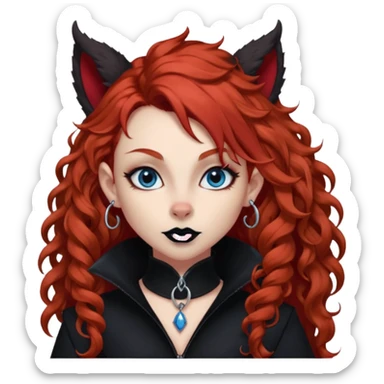  long curly red hair (darker), red pointed ears with black trim, black goth outfits, body and face human, blue eyes, more pointy chin, black lipstick, one big fluffy red squirrel tail with black tips, like the attached photo with more outfits and poses,  sticker