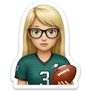 long blonde hair with bangs small black rectangle glasses female green eyes football player wearing eagles jersey number 33 holding football sticker