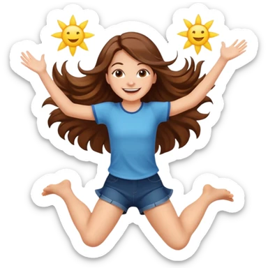 Girl with long brown hair happy jumping in the air with sunbeams in the background  sticker