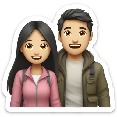 Cute Asian couple (girl with wavy long hair guy with short straight hair) excitedly traveling  sticker