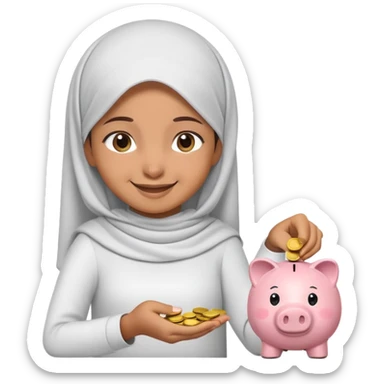 smiling Muslim girl carefully putting coins and bills into piggy bank, emoji style sticker