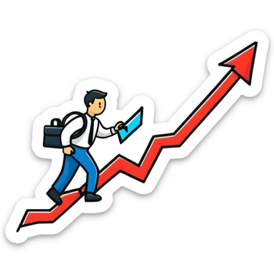 Happy entrepreneur climbing up a business chart graph with briefcase sticker