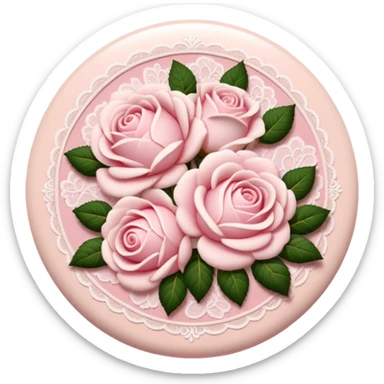 A round light cream colored button with light pink damask lace and white roses sticker