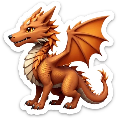Majestic wolf-like dragon with red sandstone scales and layered plates resembling canyon rock formations. Crystallized mineral mane with copper and gold hues runs down its neck and back. Obsidian claws, amber eyes, and a tail of stone spires. Pokémon style. orange-ish brown fur/scales. sticker