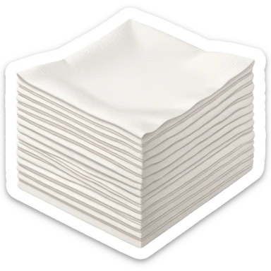 neat stack of soft white paper napkins, square or rectangular, slightly textured edges, faint embossed border, top napkin slightly lifted or curled to suggest flexibility, soft lighting, subtle shadows, emoji scale sticker