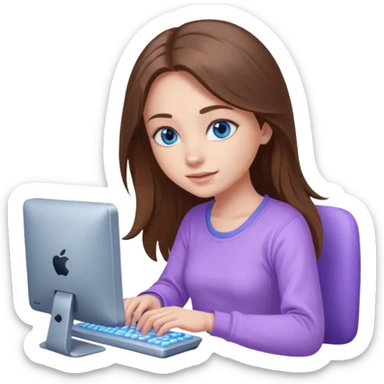 beautiful girl with long brown hair, blue eyes and wearing light purple clothes playing computer games sticker