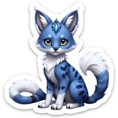 Cute kawaii cool edgy badass  glossy midnight-blue fur with silver starlight dusting fantasy-caracal-civet-genet-sergal-vernid-Gryphon-Cacomistle-Trico-oncilla-animal-Fakémon-hybrid-fursona (full body), facial markings, (realism style) sticker