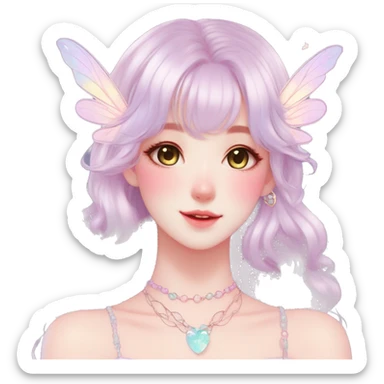 Gorgeous pastel anime style lady with blushing face and fairy wings necklace cottagecore fairycore pastelcore colorful pearly romantic simplistic aesthetic trending style sticker