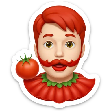 funny theater actor character who ate tomatoes, tomato sauce around mouth, dramatic expression, stage costume collar, 3D cartoon, mobile game icon style, clean background, no text, no watermark
 sticker