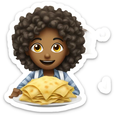 Person that’s mixed in a hotel on a bed witt curly hair and freckles eating ravioli on a white bed sticker