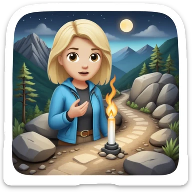 mountain 2 crossroads trails with rocks  two trails—one illuminated,, and one in darkness, representing reaction with a back of a blonde woman choosing the lighter path  sticker