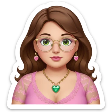 Baddie bratz girl with middle parted long wavy brown hair. green eyes. Plus size. pink lace top. gold nose ring. pink heart crystal necklace. Gold rimmed glasses sticker