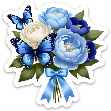 An elegant butterfly with midnight blue and sky blue wings, accented with delicate white tracings, hovering above a beautifully arranged bouquet of soft pastel blue peonies and deep indigo pansies, tied together with a flowing pearl satin ribbon. sticker