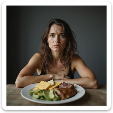 vertical 9:16 portrait of a woman with PCOS sitting at a table with a ketogenic plate including eggs, cheese, avocado, and meat, perplexed or dissatisfied expression, face with acne and facial hair, thin hair, realistic environment, hyperrealistic 4K details sticker