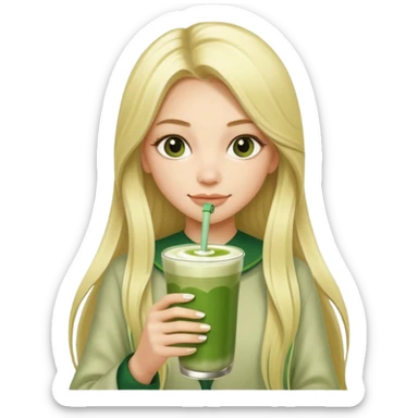 blonde luxury long hair girl with 1 drink of matcha latte and two straws sticker