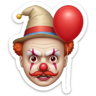 Angry clown — furrowed brow, mustache, tiny hat, hold balloon sticker
