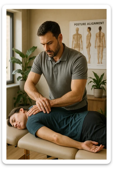 A realistic, cinematic illustration of a professional osteopath in his late 30s, wearing a fitted polo shirt in a neutral color, performing gentle manual manipulations on a patient to improve posture. The osteopath uses precise hand placement along the patient's upper back and cervical spine while the patient lies on a comfortable treatment table in a bright, modern clinic. Anatomical posters showing the spine and posture alignment are on the wall, and the room has warm, natural lighting with plants for a calming atmosphere. The scene emphasizes hands-on osteopathic care to restore body alignment, spinal mobility, and posture, showcasing trust, professionalism, and holistic care sticker