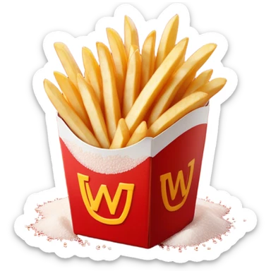 Cinematic crispy golden French fries, piled high, sprinkled with salt, served in a red carton, warm and inviting, rich golden hues, perfectly crunchy and delicious. sticker