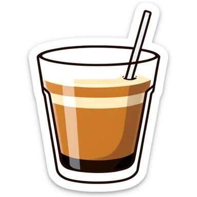 Cortado espresso drink in a small Gibraltar glass, milk and espresso coffee sticker