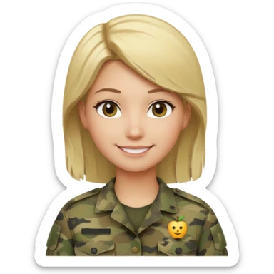 Apple-style emoji: female soldier, bust, no cap/helmet, friendly smile, generic camo top, blonde hair black color sticker