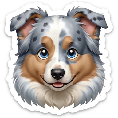 Cinematic Comical Tan Point Blue Merle Australian Shepherd Portrait Emoji, Head tilted dramatically with an exaggeratedly shocked or offended expression, short blue merle fur with striking tan points and white accents, wide, expressive blue eyes filled with exaggerated disbelief, Simplified yet hilariously expressive features, highly detailed, glowing with a slightly sassy glow, high shine, dramatic yet playful, stylized with an air of attitude, bright and endearing, soft glowing outline, capturing the essence of a sassy and over-the-top pup, so meme-worthy it feels like it could side-eye its way into internet fame instantly! sticker
