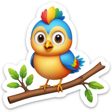 A colorful 3D cartoon bird perched on a small branch, bright feathers, round eyes, and cheerful smile, soft lighting, Memoji-style rendering. sticker