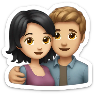 A guy with short brown hair who hugs a girl with black hair sticker