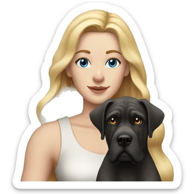 white woman with freckles, blue eyes and long blonde hair alongside a cane-corso dog  sticker
