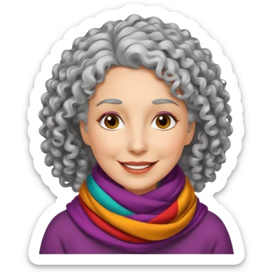 woman in her 50s, curly silver hair, wearing a colorful scarf, warm smile sticker