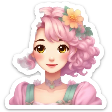 Gorgeous Shiny Colorful Pastel Anime Style Mature Lady with blushing face and pretty hair with a flower crown and antlers pastelcore kawaii cottagecore fairycore aesthetic trending style sticker