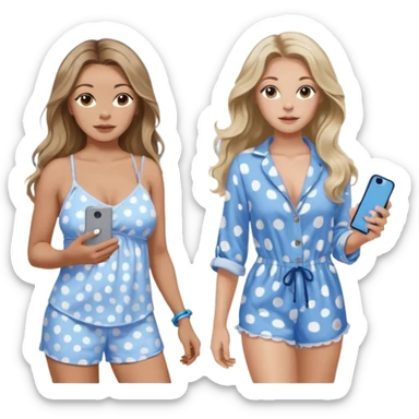 Three pretty women in beach clothes one walking a blue and gray spotted Merle Frenchie, one walking a black chihuahua puppy, one holding iPhone, hazel eyed light skin with dark blonde long hair and light light skin hazel eyed long wavy brown hair, blue eyed light skin long blonde hair  sticker