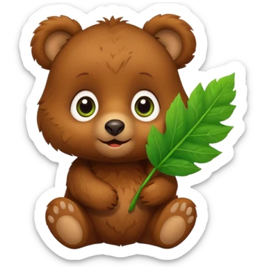 Cute brown little bear with leaf in hand sticker