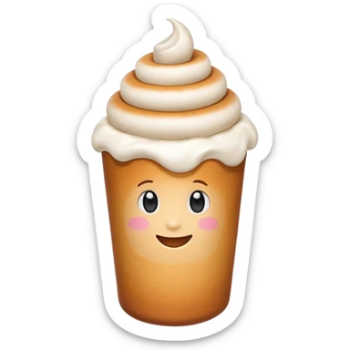 Cute emoji of a Hungarian chimney cake (kürtőskalács), cylindrical pastry, light brown baked dough with sugar coating, topped with white whipped cream, served in a small white paper cup sticker