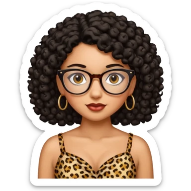 A women who wears glasses with a black curly hair, in a leopard print dress sweetheart neckline  sticker
