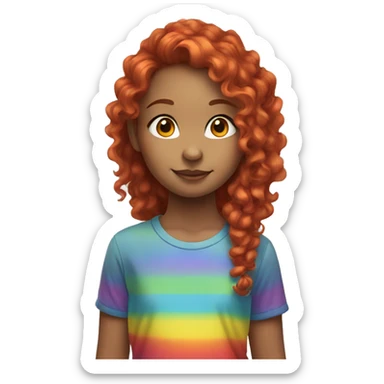 a girl with long red curly hair in a pony tail with rainbow shirt sticker
