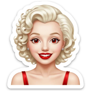 Cinematic Realistic Marilyn Monroe Emoji, featuring a glamorous, high-detail portrayal of the legendary Hollywood star. Her iconic platinum curls, radiant smile, and signature red lips are illuminated by dramatic, vintage-style lighting, evoking the timeless allure of classic cinema. sticker