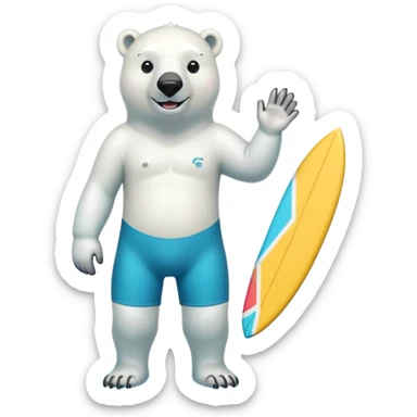 friendly anthropomorphised polar bear standing upright, smiling, wearing colorful surf board shorts and full scuba mask with snorkel sticker