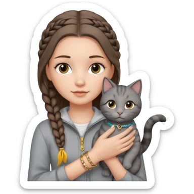 a white girl with long brunette hair in one braid that is over her shoulder. shes holding a grey cat. the girl has long lashes and has on a grey zip up that is half way zipped  and under a white shirt and gold bracelets. sticker