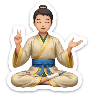 man in hanfu closing sitting in lotus pose, pointing one finger to sky as wisdom gesture sticker