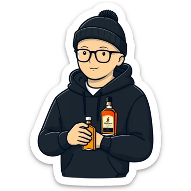 bald white guy with glasses, wearing a black beanie, black hoodie, holding a bottle of johnnie walker whiskey sticker
