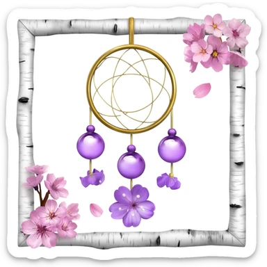 A white-birch-framed Dreamcatcher. with purple-round-orbs, gold-rings hanging down. purple flowers, pink sakura flowers, sticker