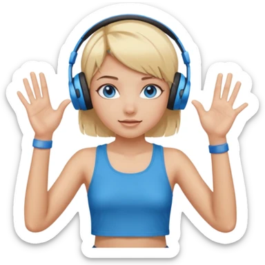 girl with blonde and middle short hair and blue eys with heands telling what, having heaphones on head, and short  sticker