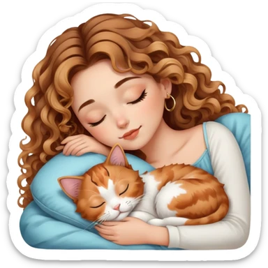 cute balayage curly/wavy haired girl, hoop earrings clean girl makeup sleeping beauty laying next to her sleeping calico cat  sticker