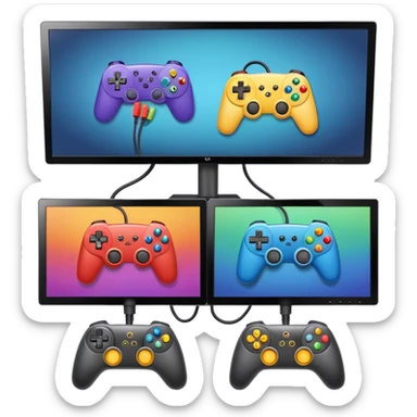 An icon showing two monitors with gaming interfaces, connected by a wire. Each monitor displays a different game screen, with two gamepads placed nearby, symbolizing multiplayer gameplay. transparent background. sticker